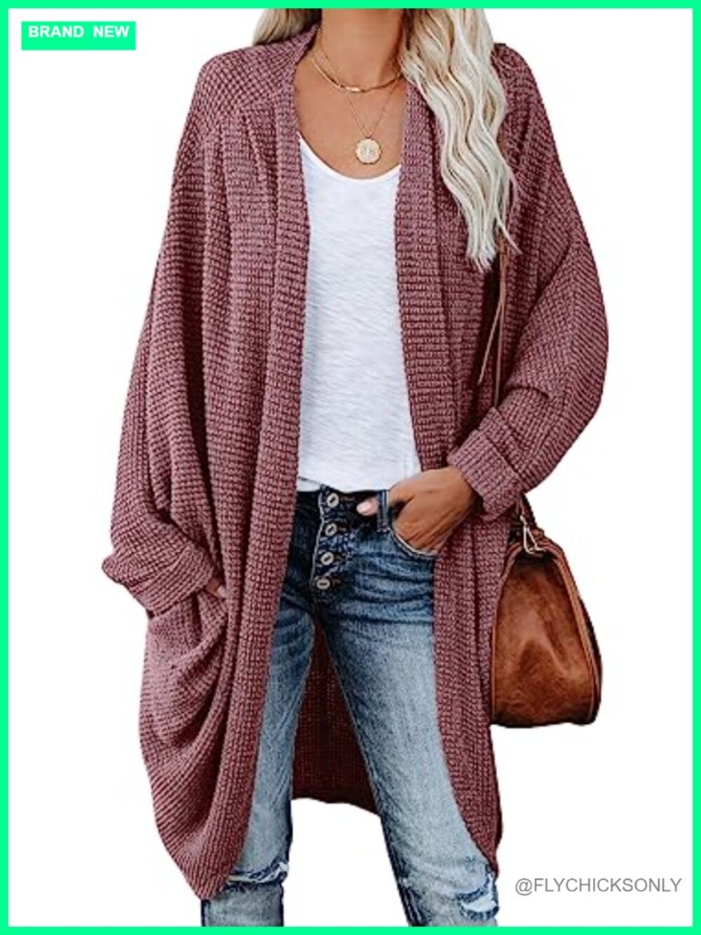 Oversized Waffle Cable Knit Batwing Sleeve Cardigan Sweater with Pockets